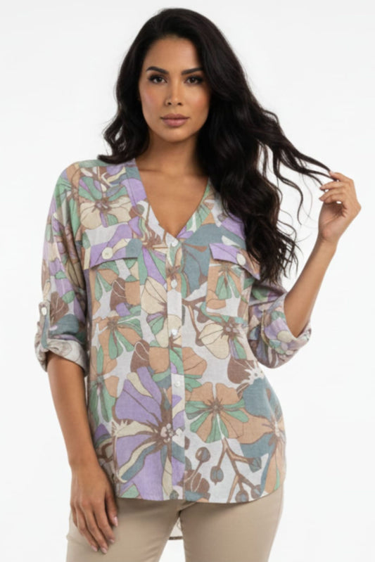 Cabana Lavender Tropical Print Button-Down Blouse