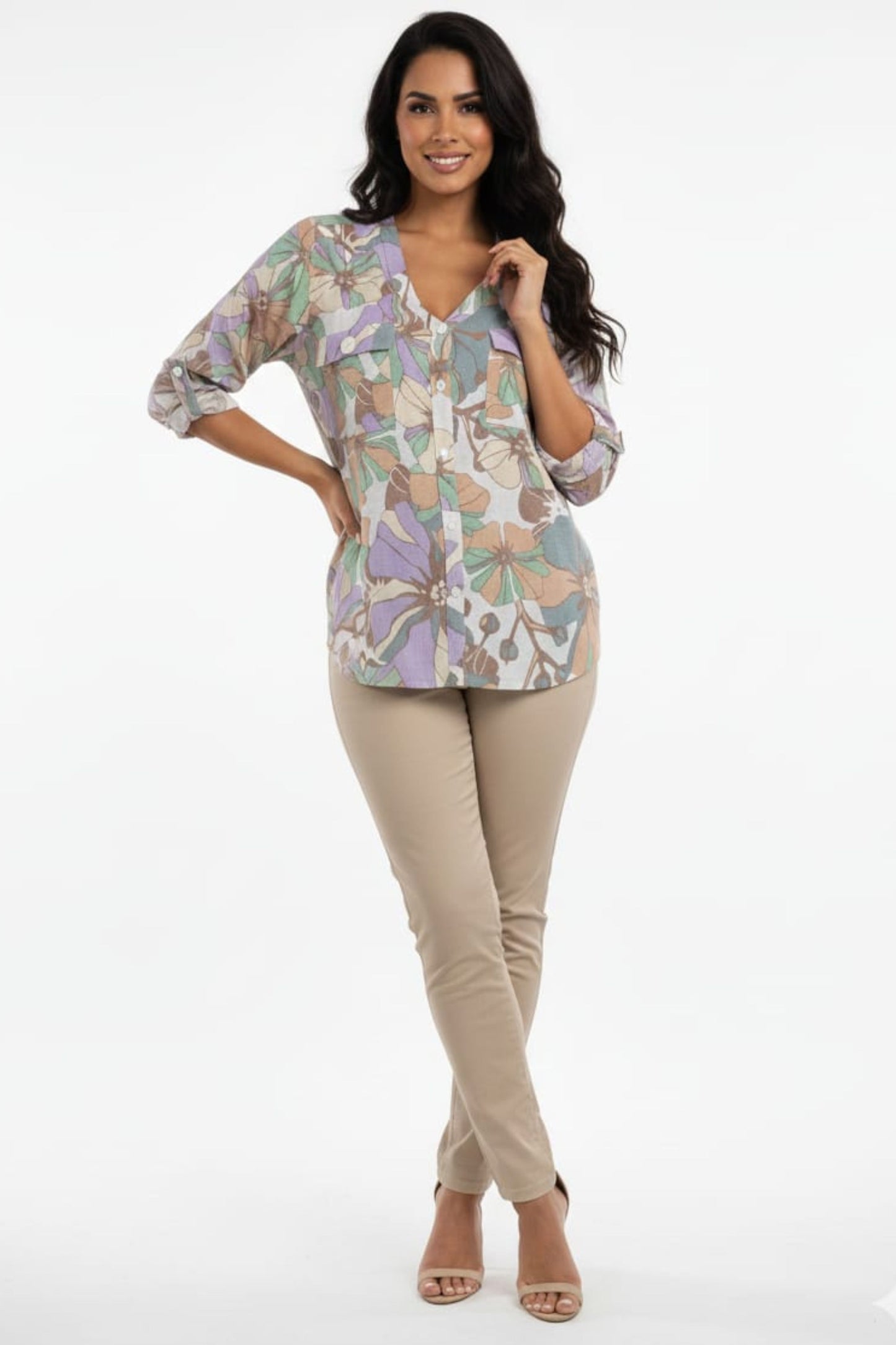 Cabana Lavender Tropical Print Button-Down Blouse