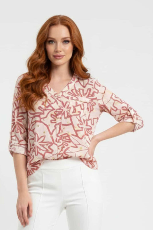 Cabana Cream Red Tropical Print Button-Down Blouse