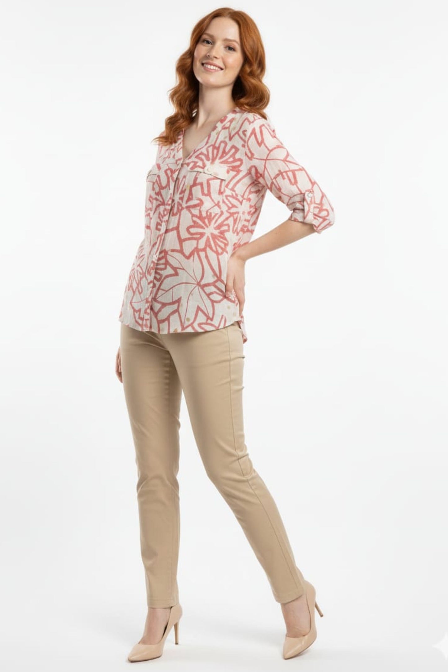 Cabana Cream Red Tropical Print Button-Down Blouse