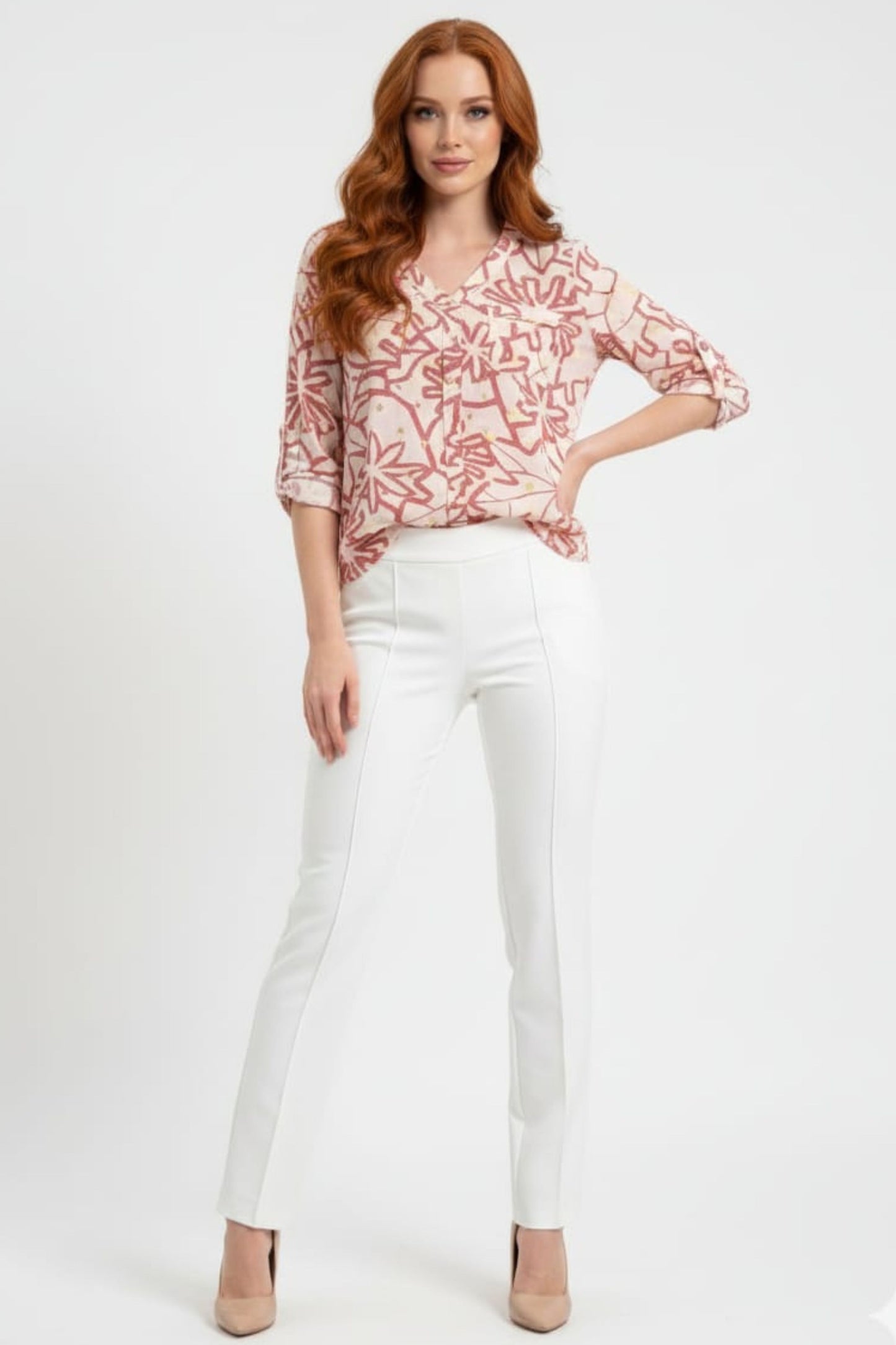 Cabana Cream Red Tropical Print Button-Down Blouse