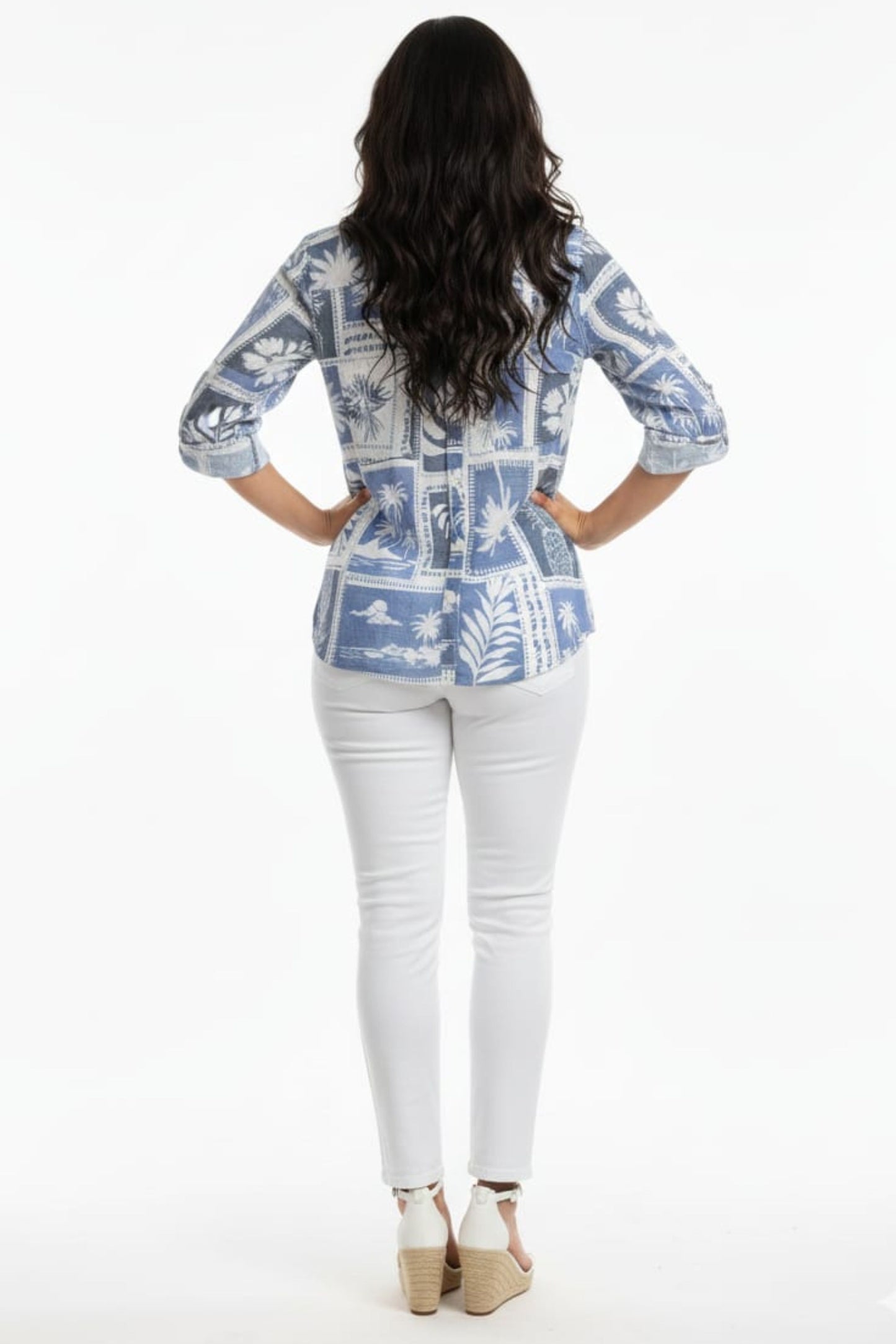 Cabana Ivory Navy Tropical Print Button-Down Blouse