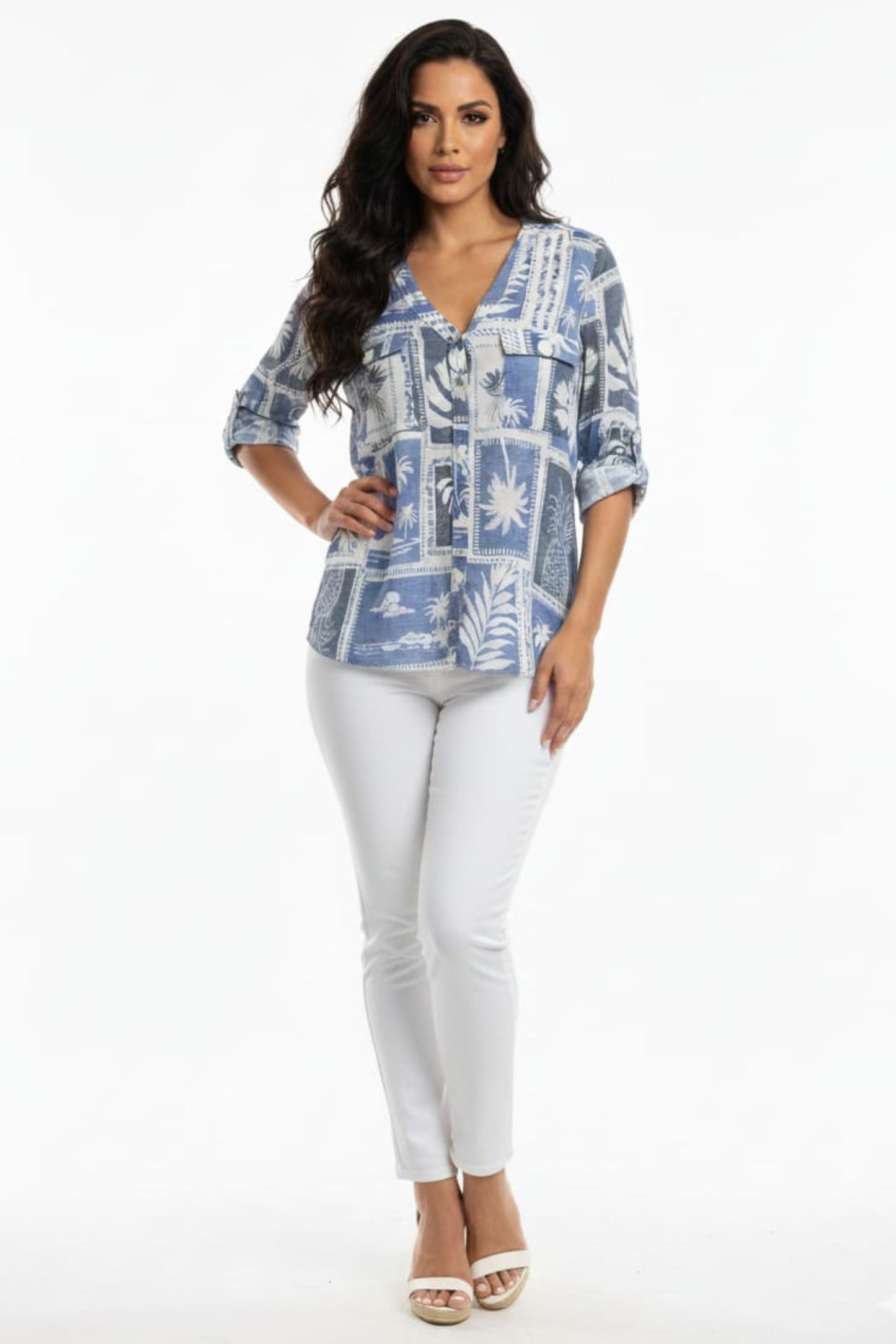 Cabana Ivory Navy Tropical Print Button-Down Blouse