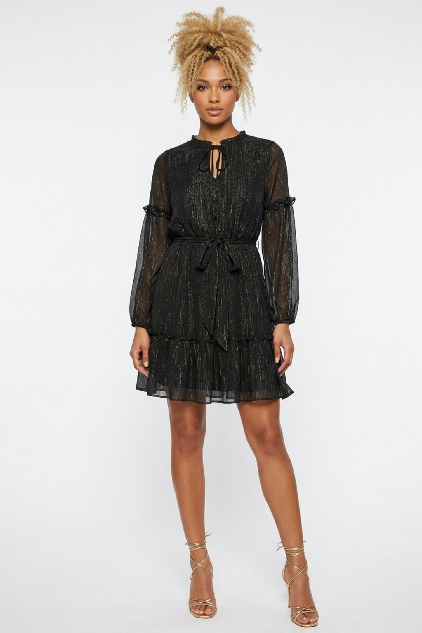 Laundry Metallic Chiffon Short Ruffle Hem Dress