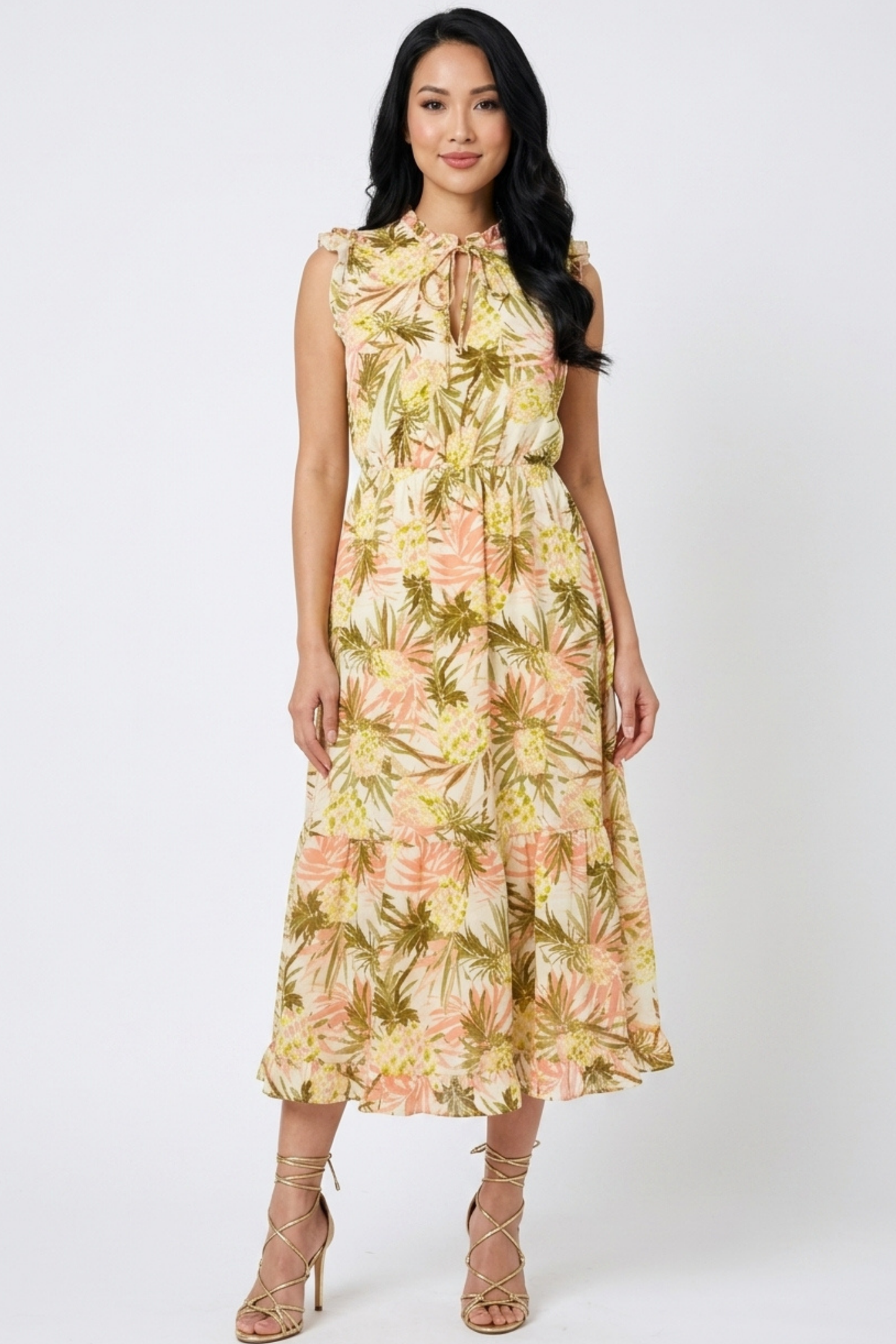 Laundry Pinapple Print Ruffle Cap Sleeve Midi Dress