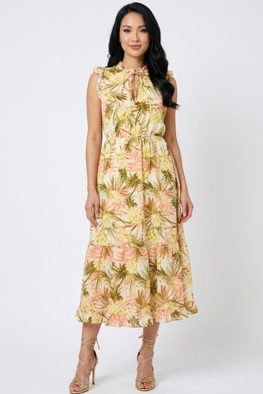 Laundry Pinapple Print Ruffle Cap Sleeve Midi Dress