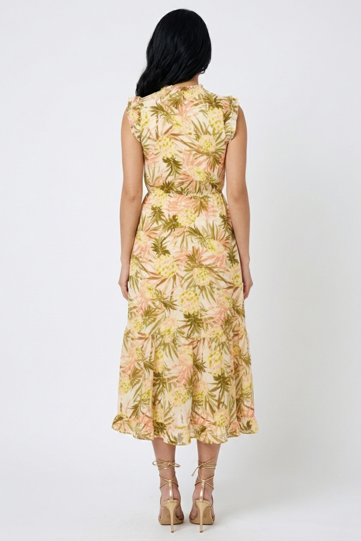 Laundry Pinapple Print Ruffle Cap Sleeve Midi Dress