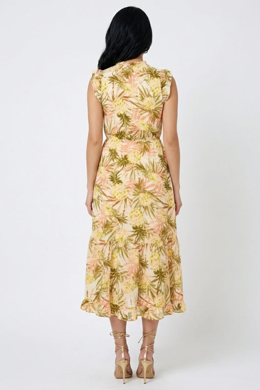 Laundry Pinapple Print Ruffle Cap Sleeve Midi Dress