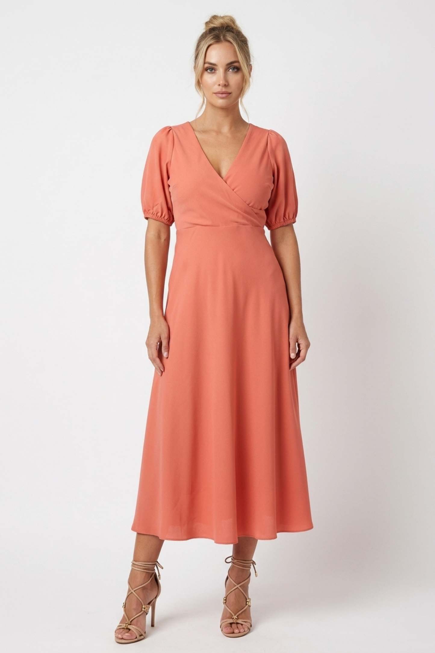 Laundry Surplice Neckline Short Puff Sleeve A-Line Midi Dress