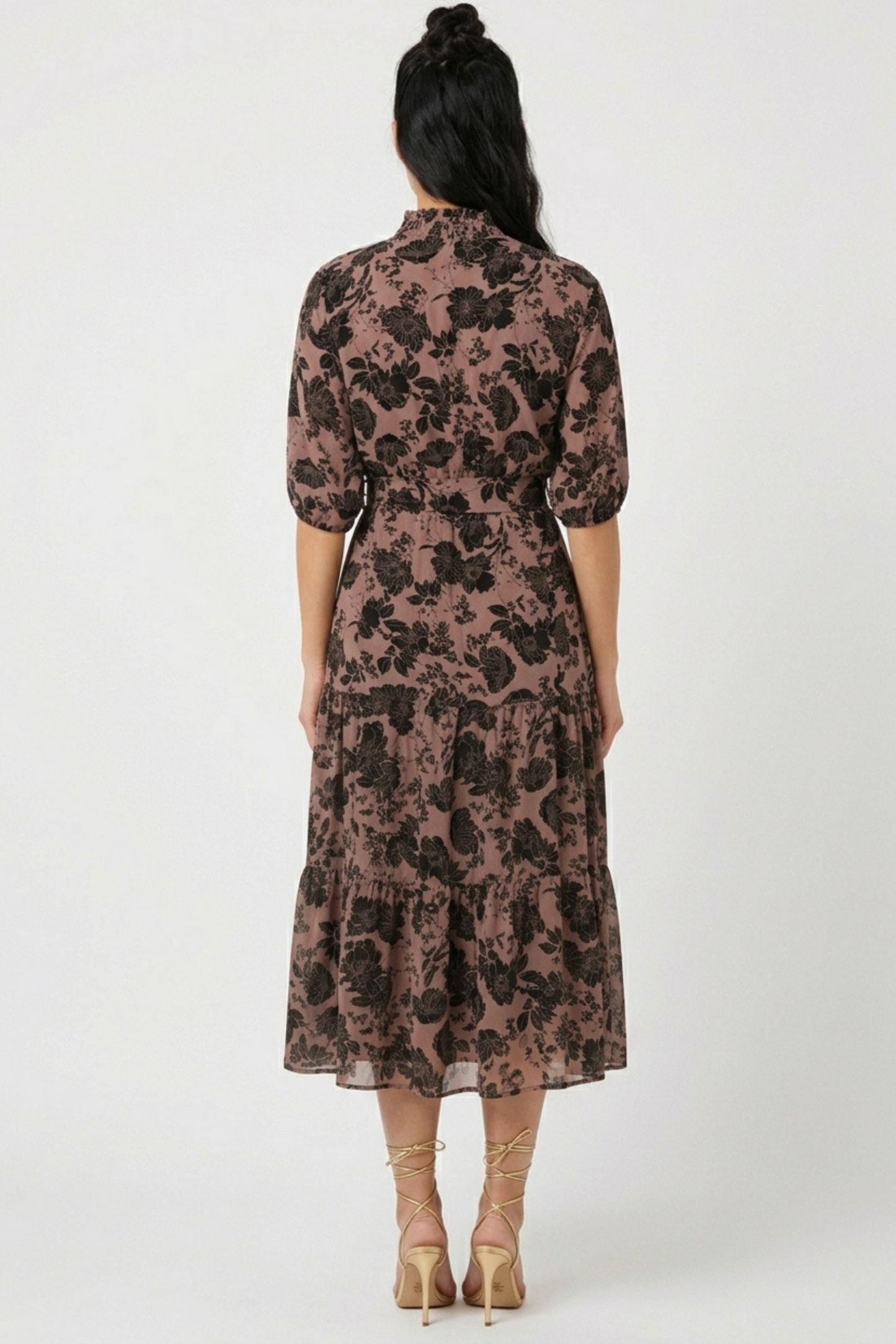 Laundry Floral Print Smocking Mock Neck Belted Dress