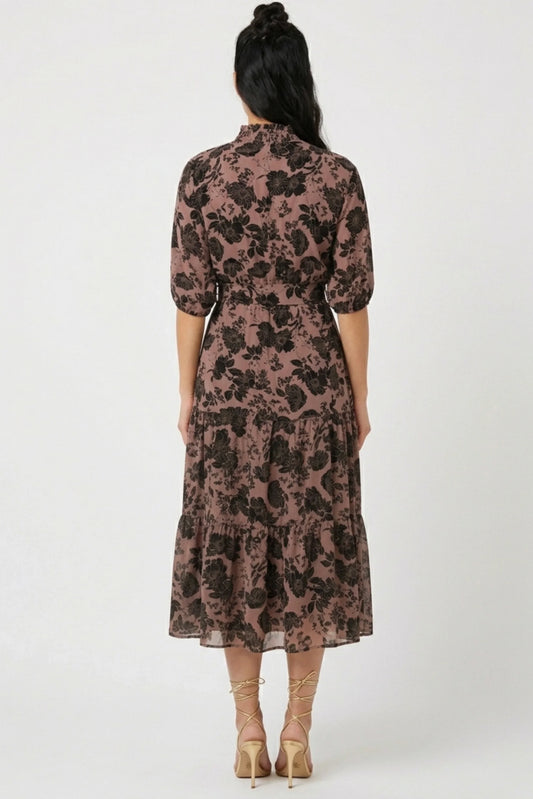 Laundry Floral Print Smocking Mock Neck Belted Dress