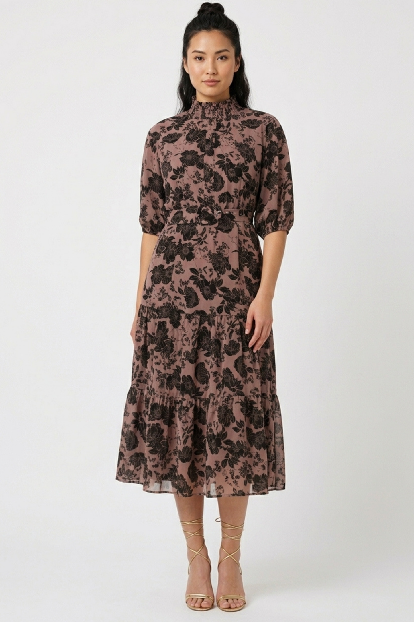Laundry Floral Print Smocking Mock Neck Belted Dress