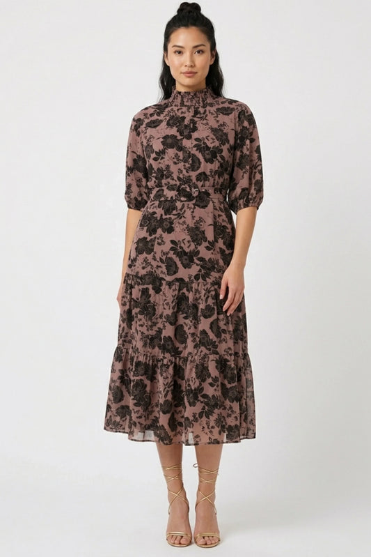 Laundry Floral Print Smocking Mock Neck Belted Dress
