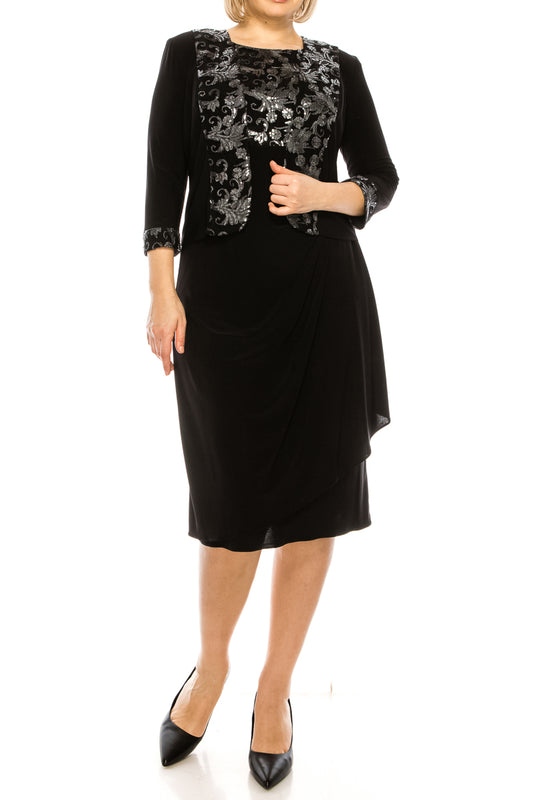 Le Bos Black Silver 3/4 Sleeve 2 Piece Jacket Dress