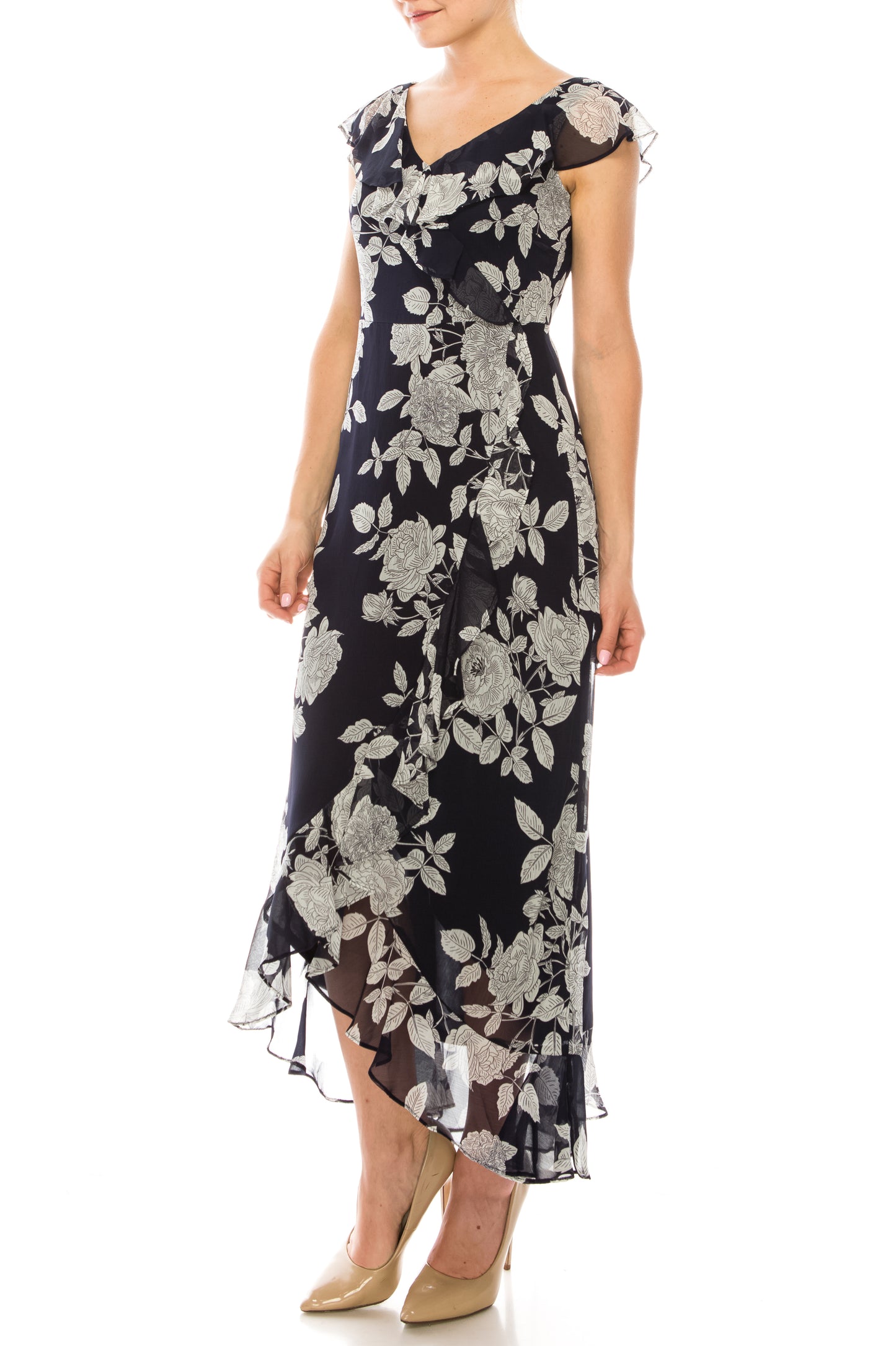 London Times Floral Print Ruffle Detail Maxi Dress