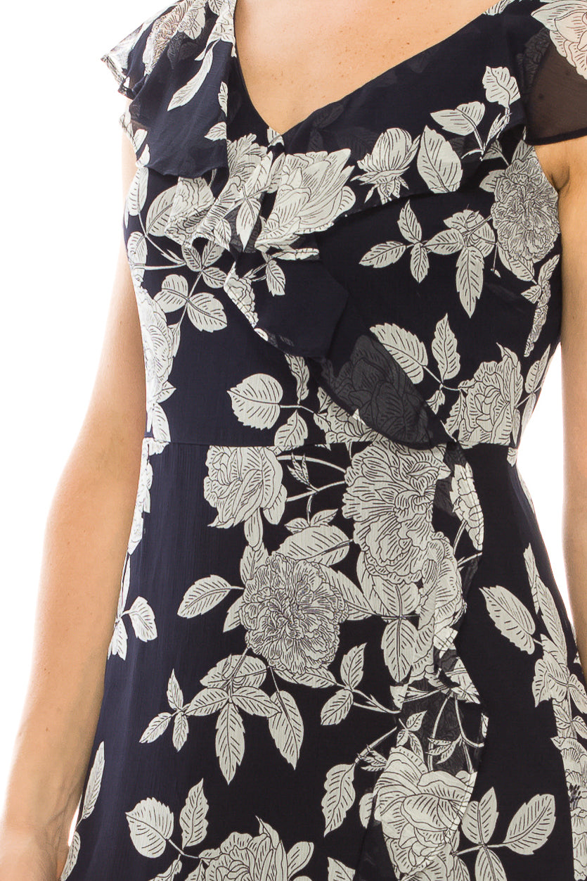 London Times Floral Print Ruffle Detail Maxi Dress