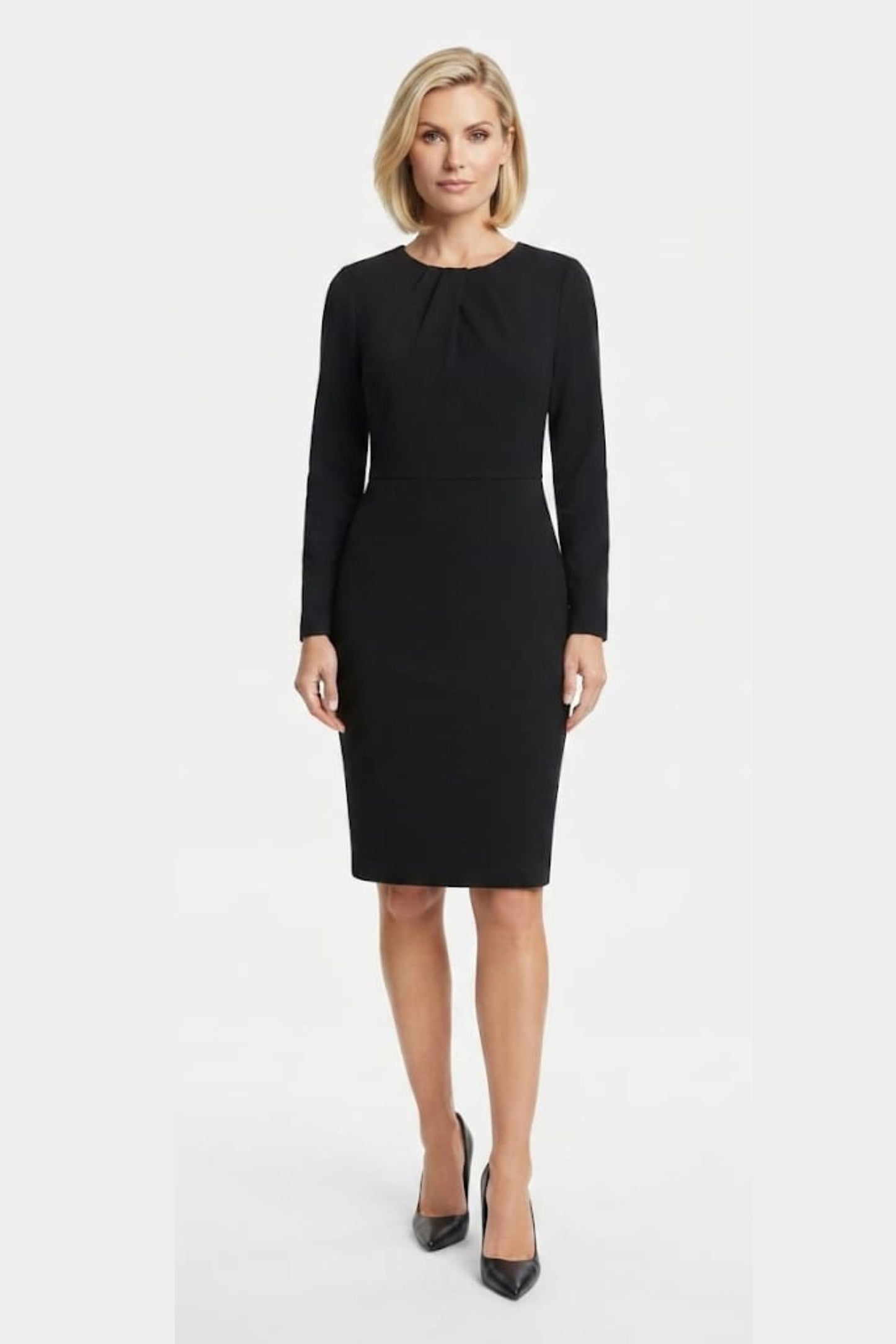 Maggy London Long Sleeve Pleated Neck Sheath Dress