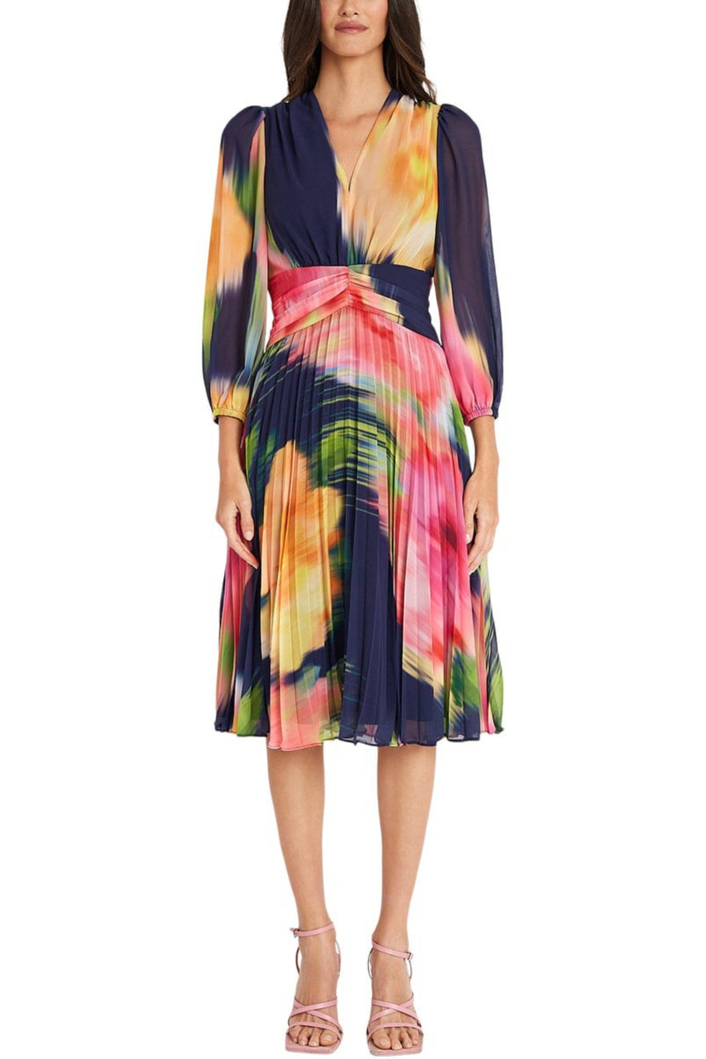 Maggy London Multi Color Pleated Midi Dress