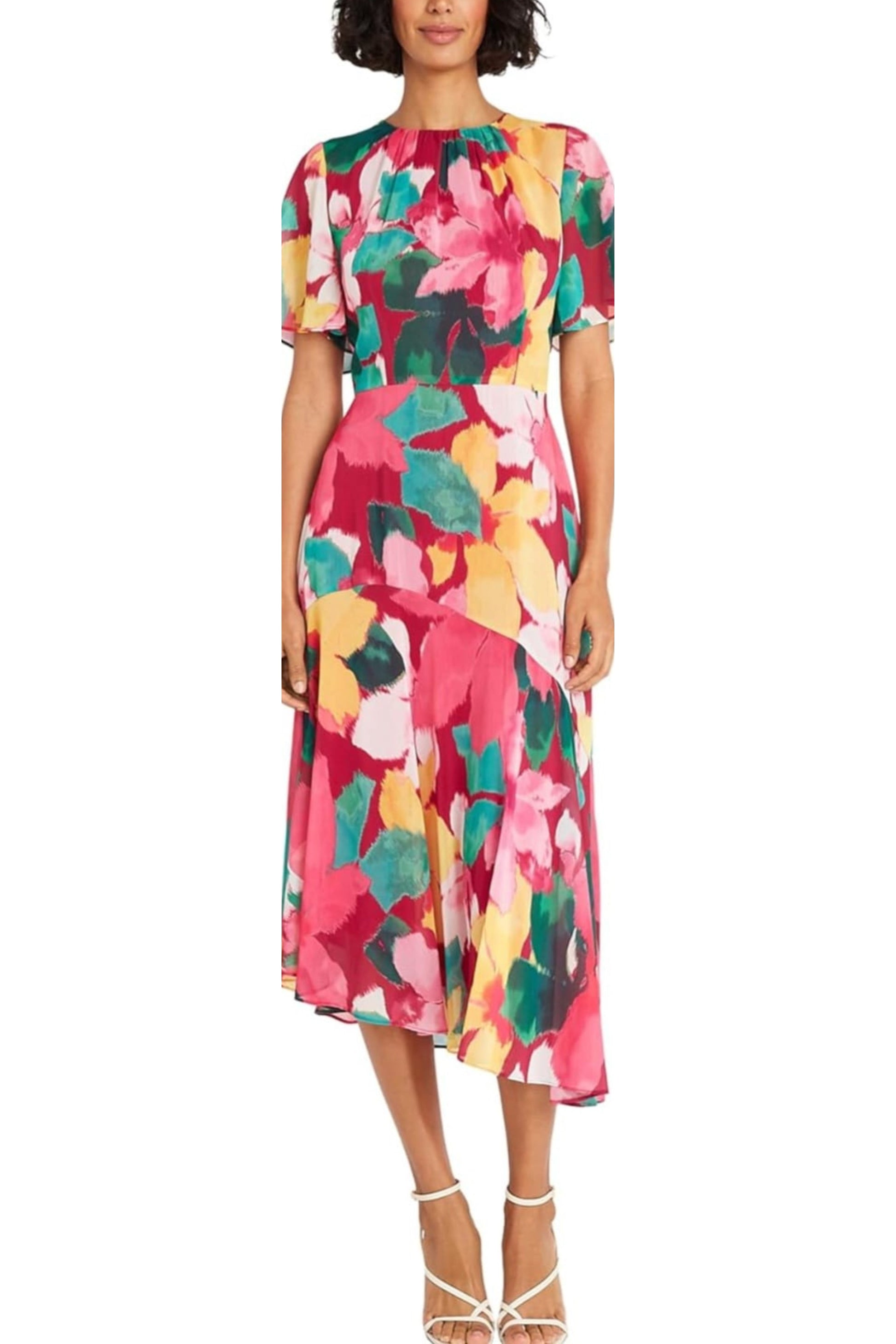 maggie london midi dresses Maggy London Linen Floral Print Sweetheart Neck Sleeveless Midi Dress, Womens, 14, Cream/Blue