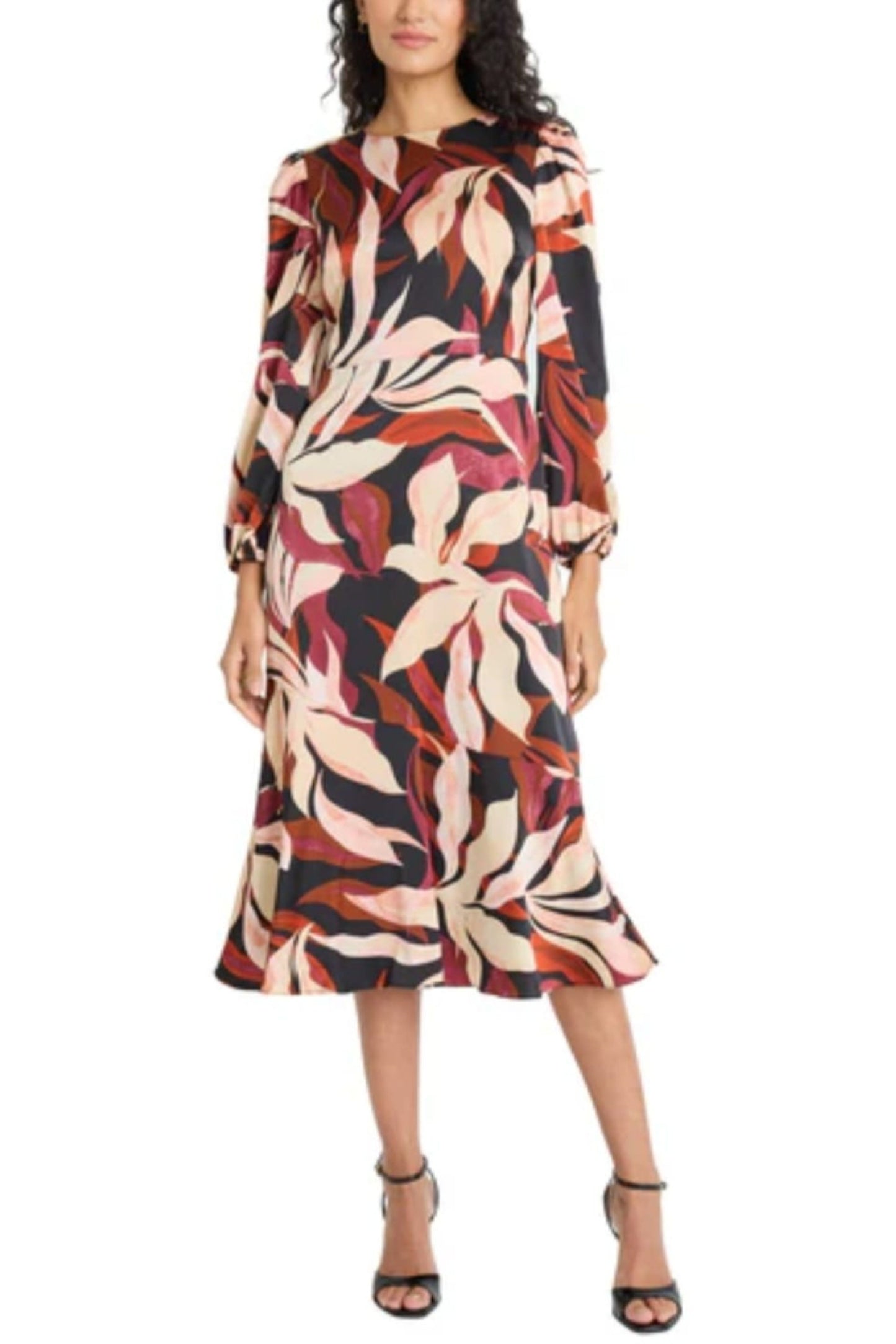 Maggy London Leaf Print Long Sleeve Midi Dress