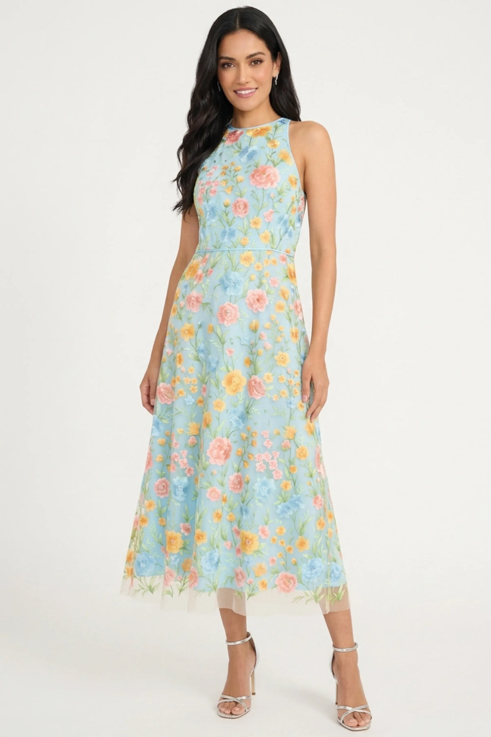 Maggy London Flower Embroidery Midi Party Dress