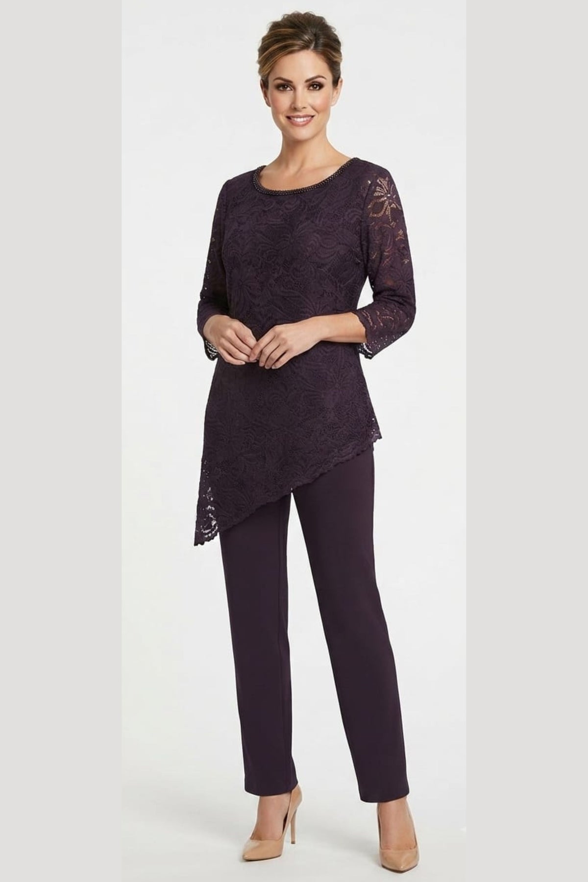 Maya Brooke Lace Asymmetrical Tunic Pant Set