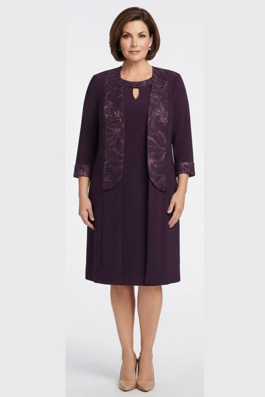 Maya Brooke Eggplant Embroidered Open-Front Jacket Dress (PLUS SIZE)