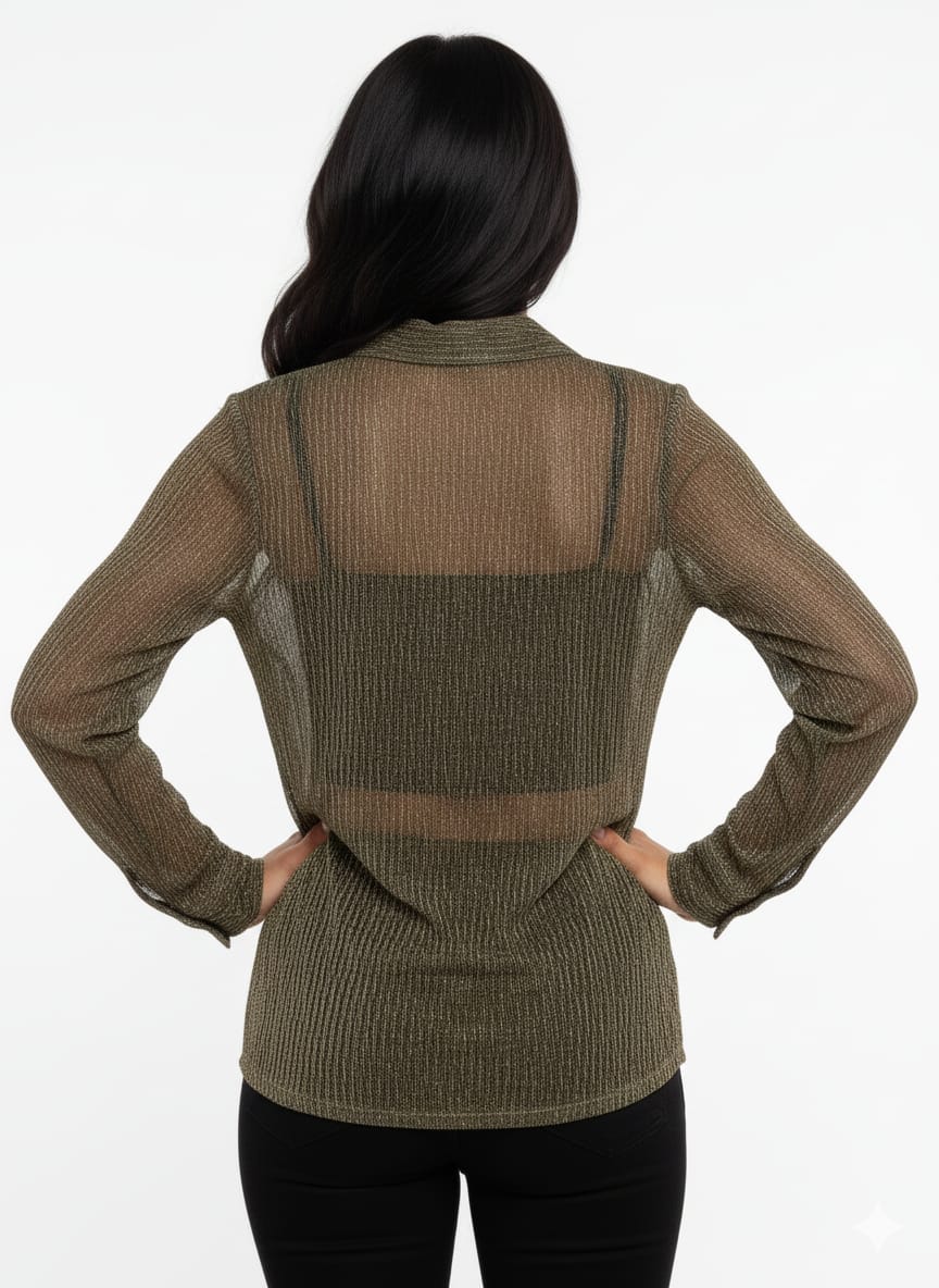 Hester & Orchard Black Gold Shimmer Plissé Button-Down Blouse