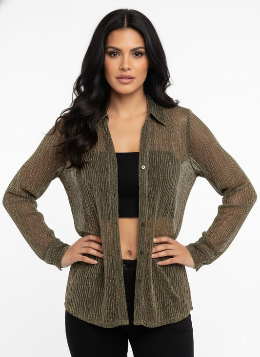 Hester & Orchard Black Gold Shimmer Plissé Button-Down Blouse