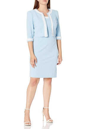 Maya Brooke Blue White Ruffle Trim 2 Piece Jacket Dress