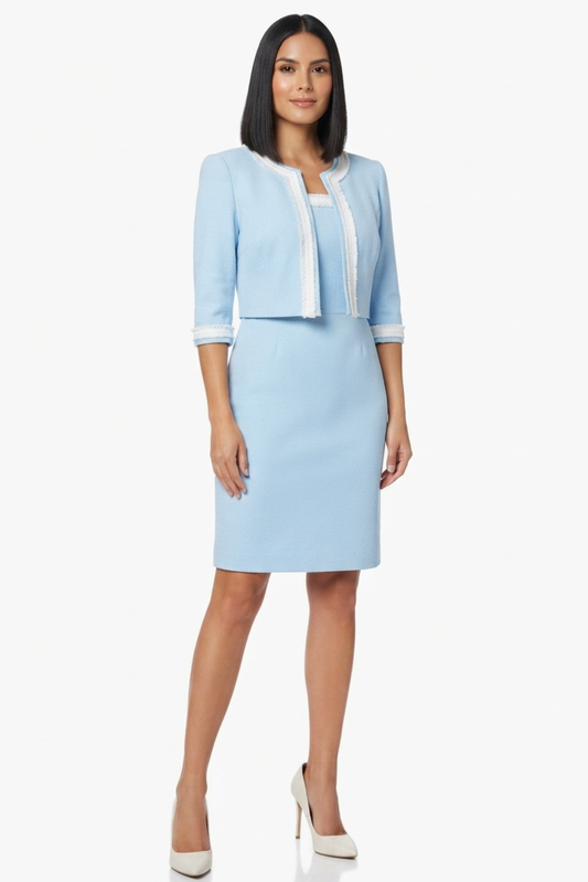 Maya Brooke Blue White Ruffle Trim 2 Piece Jacket Dress