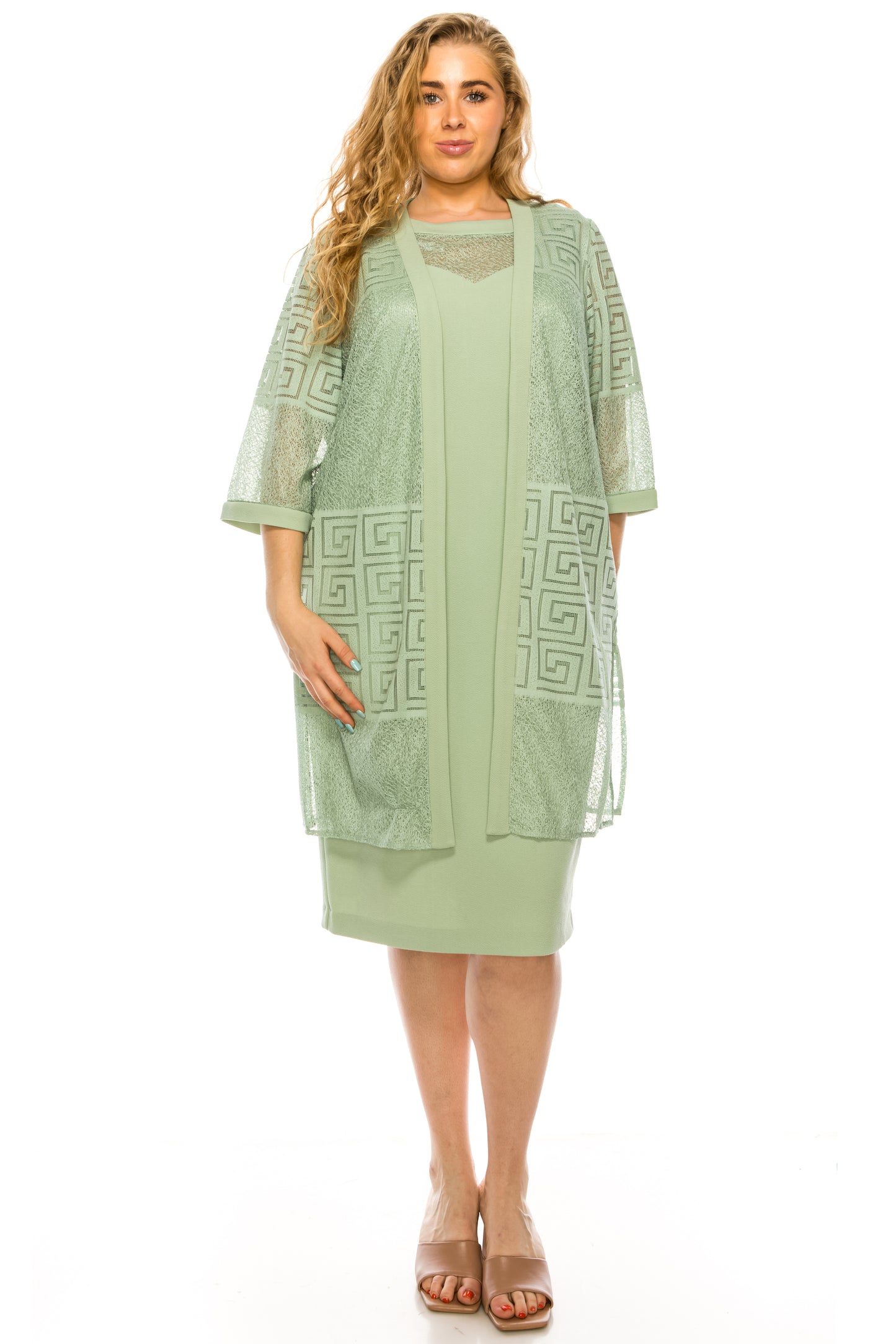 Maya Brooke Sage 2 piece 3/4 Sleeve Jacket Dress Set (PLUS SIZE)