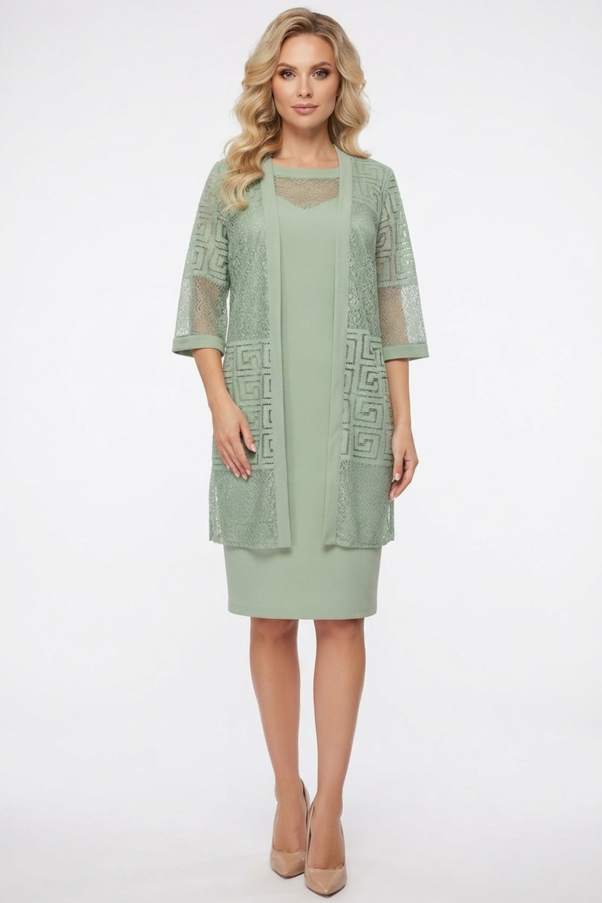 Maya Brooke Sage 2 piece 3/4 Sleeve Jacket Dress Set (PLUS SIZE)