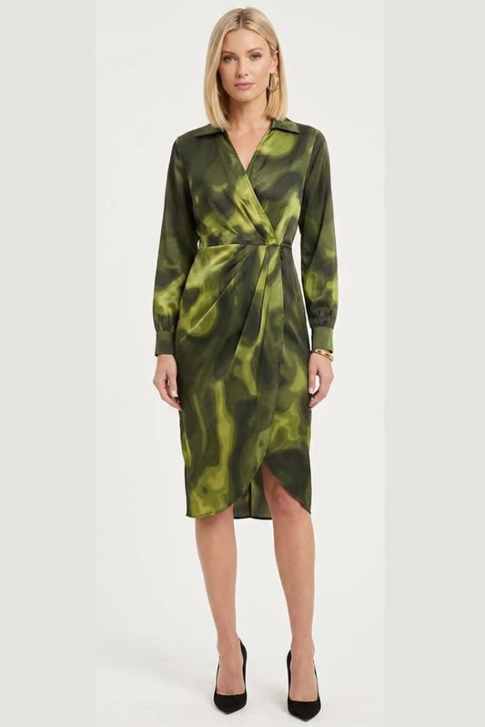 Nicole Miller Long Sleeve Tie Dye Print Wrap Dress