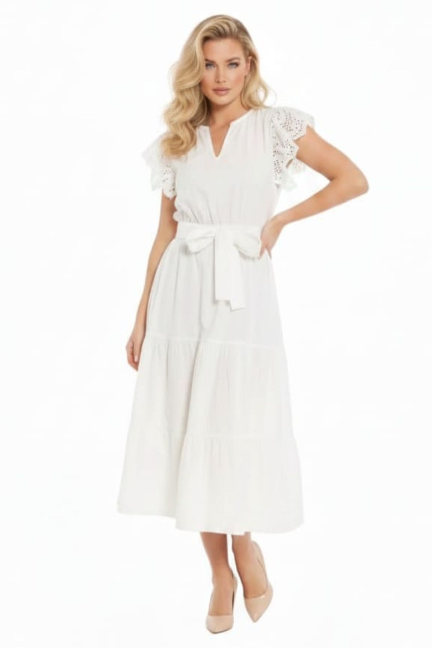 Nicole Miller Belted Eyelet Sleeve Tiered Dress