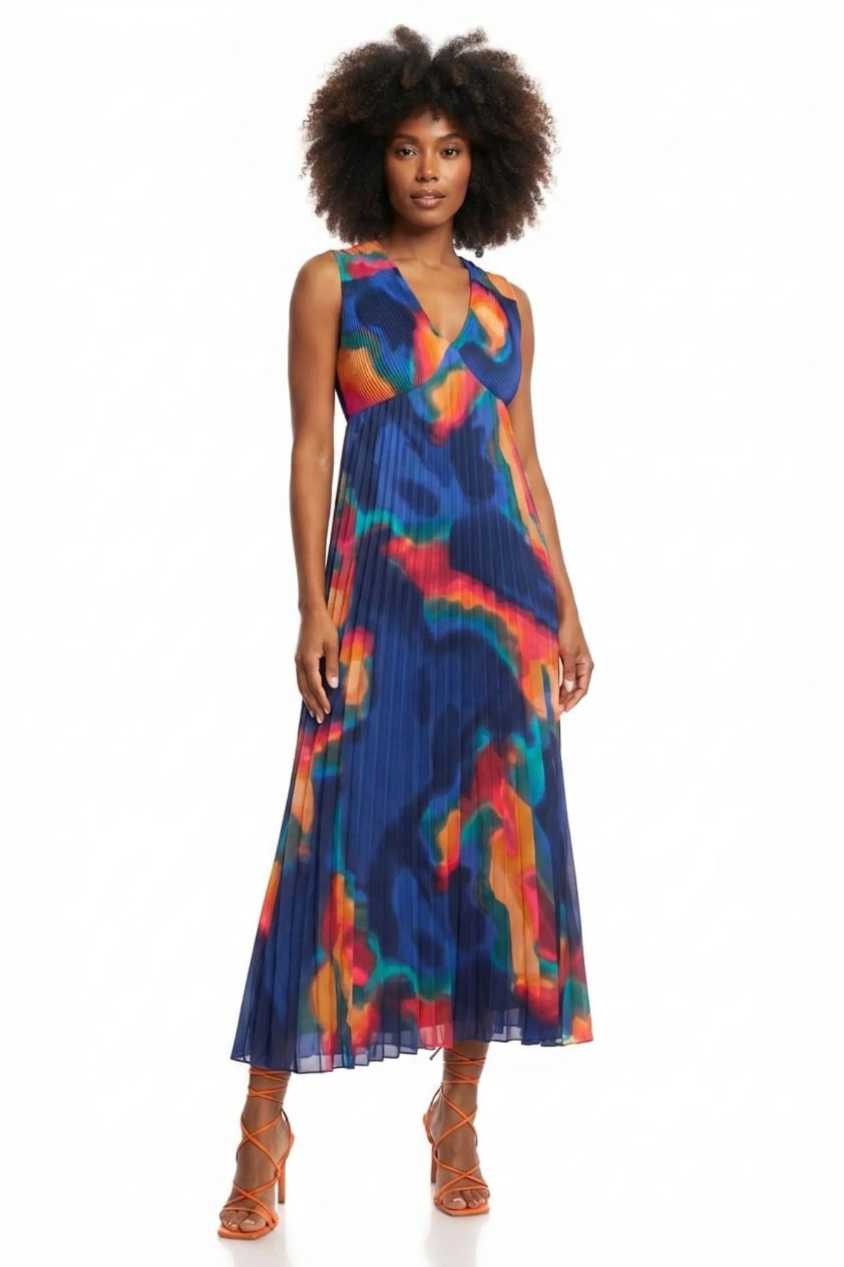 Nicole Miller Pleated Abstract Sleeveless Dress