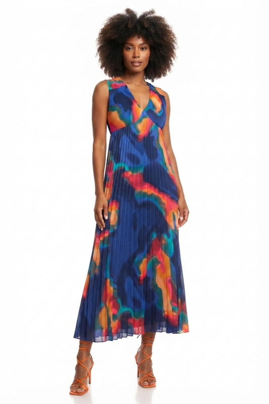 Nicole Miller Pleated Abstract Sleeveless Dress