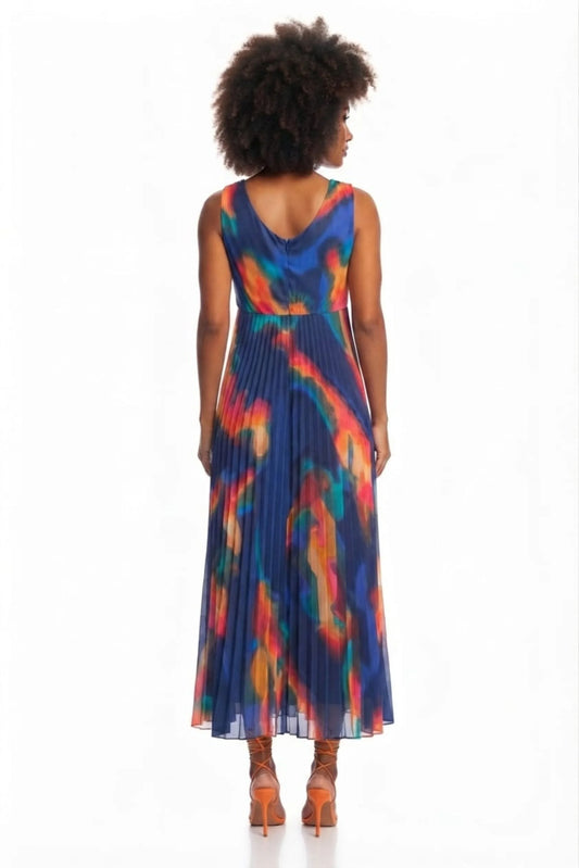 Nicole Miller Pleated Abstract Sleeveless Dress