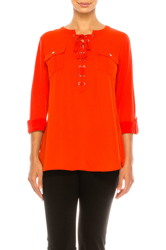 Nygard Lace Up Chest Pocket Blouse