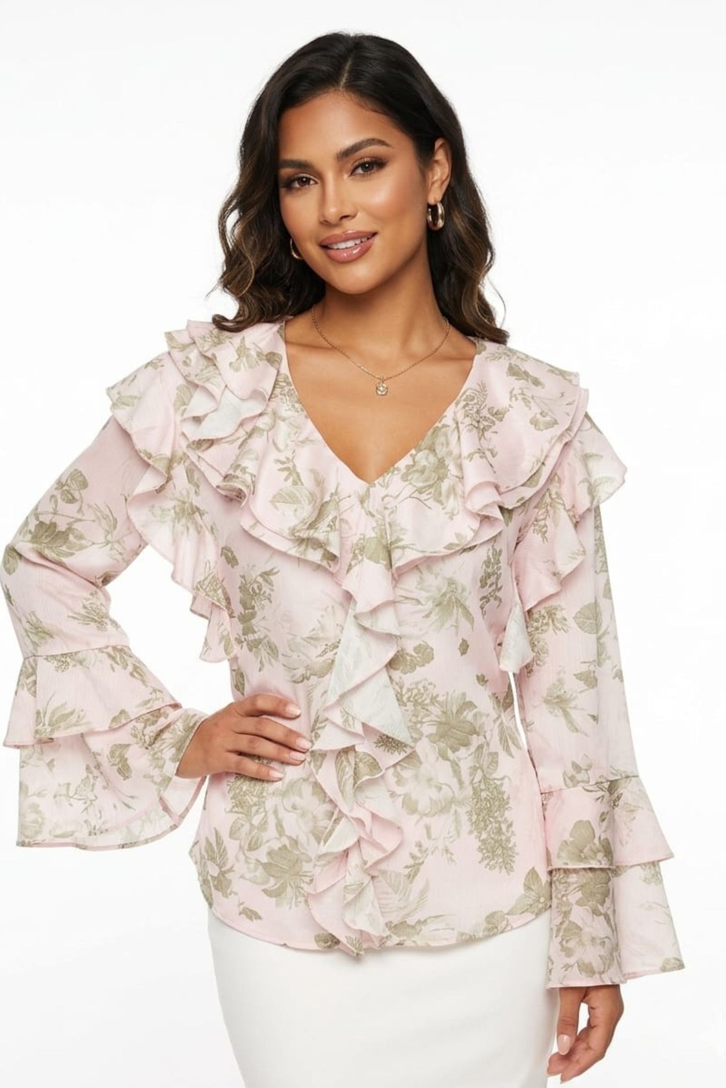 Hester & Orchard Romantic Floral Ruffle V-Neck Blouse