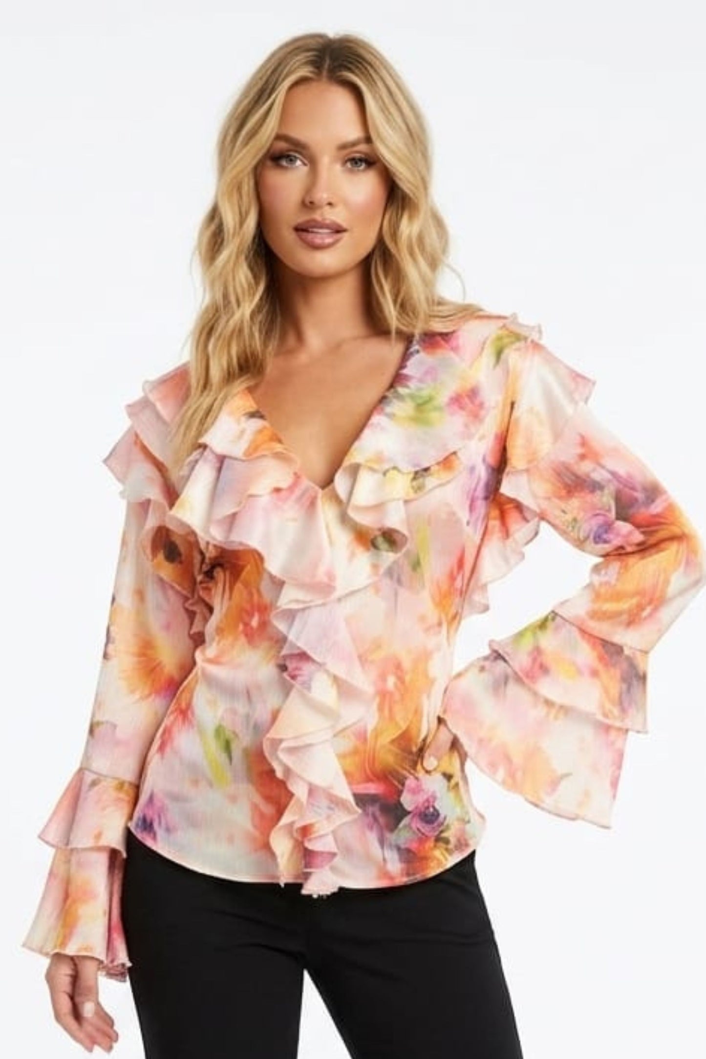 Hester & Orchard Vibrant Abstract Floral Ruffle Statement Blouse
