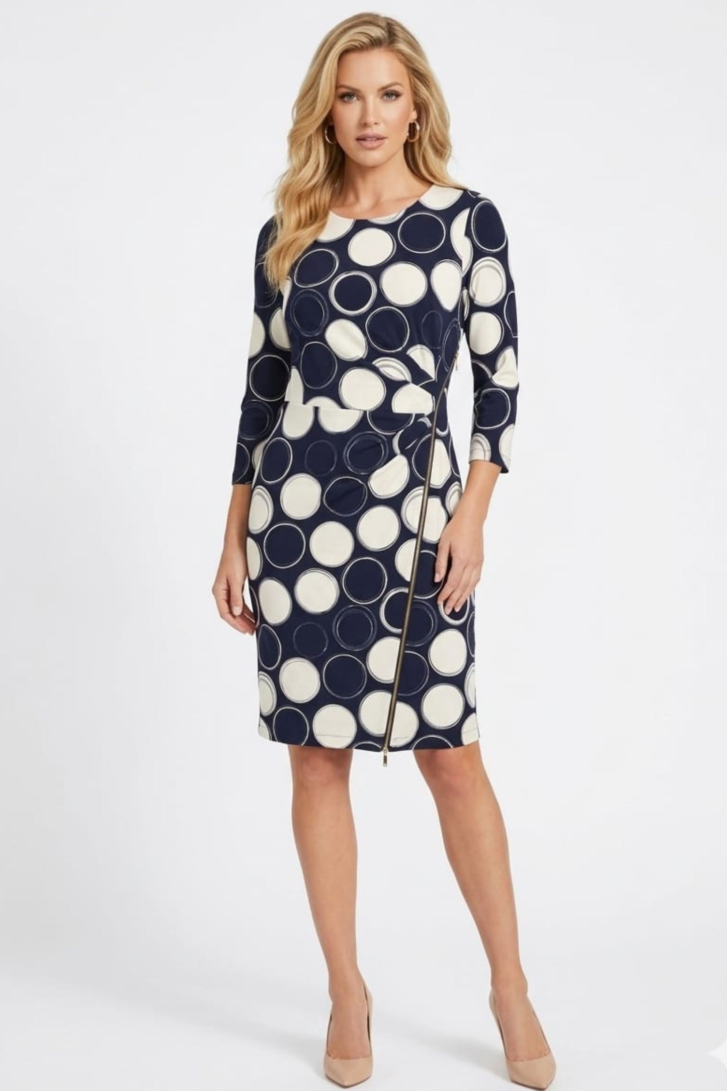 Peach Velvet Circle Print Side Zipper Day Dress