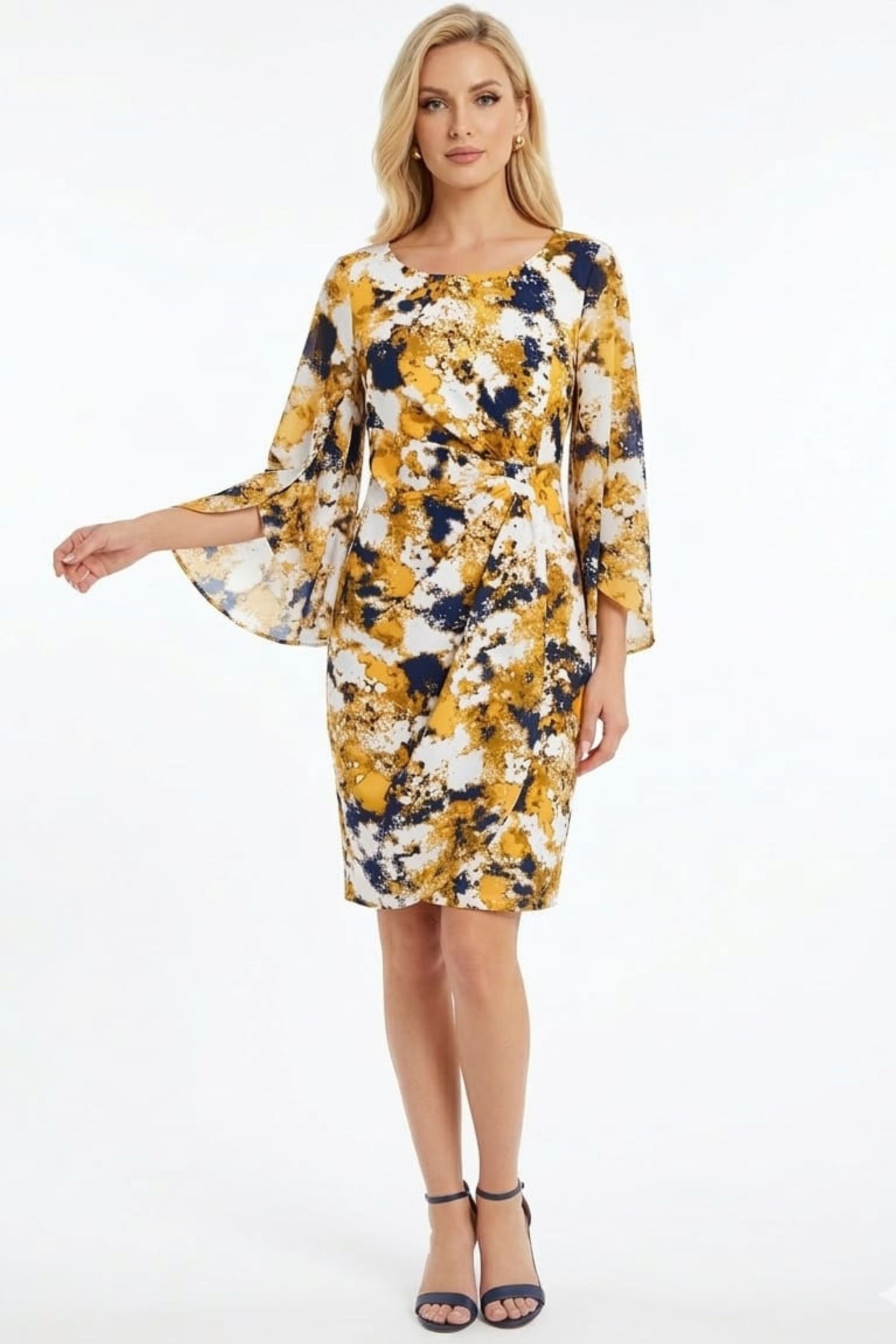 Phase Seven Vibrant Split Cape Sleeve Faux-Wrap Dress