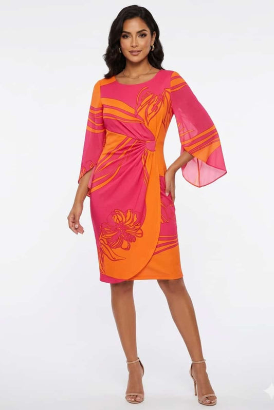 Phase Seven Vibrant Split Cape Sleeve Faux-Wrap Dress