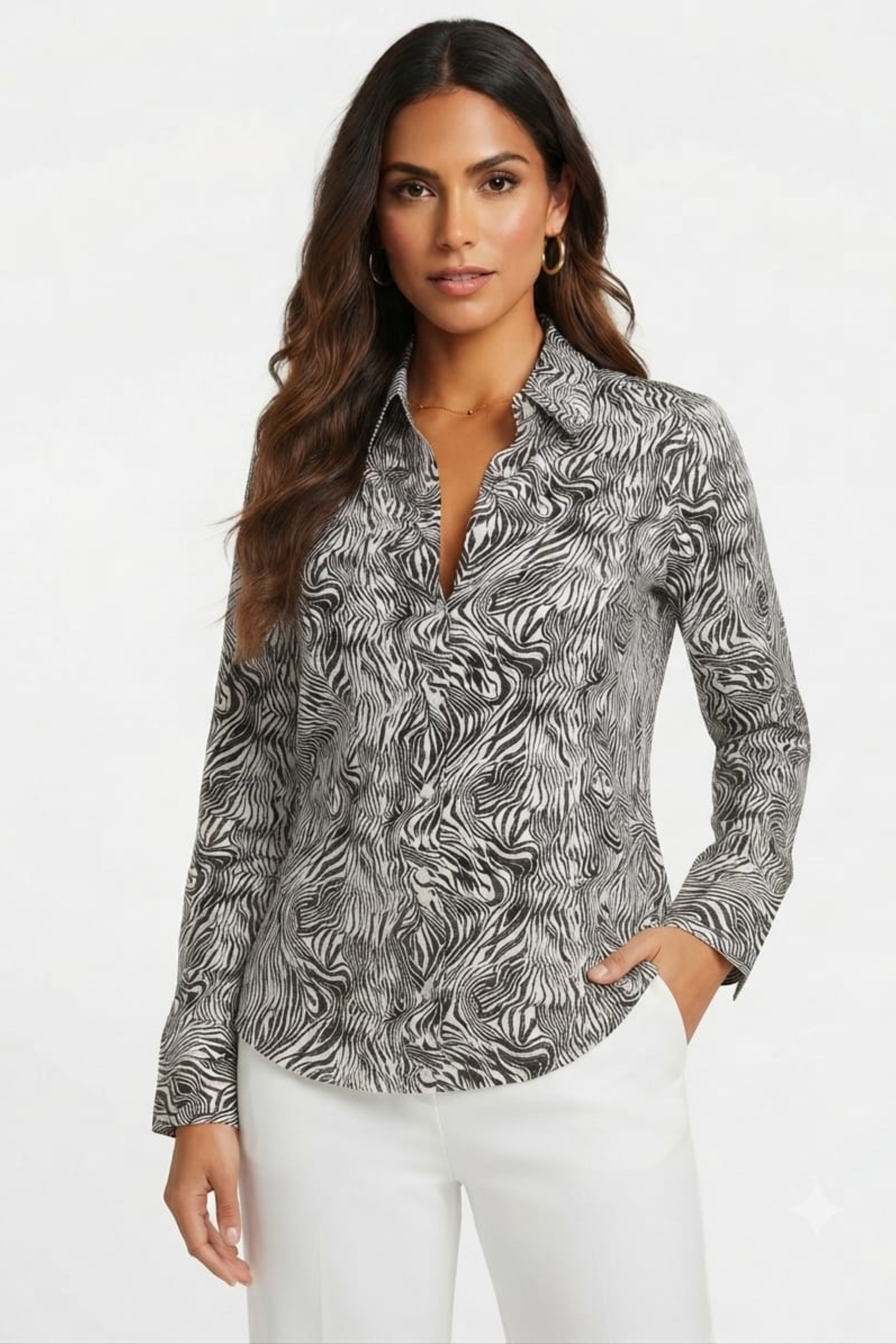 Hester & Orchard Black and Ivory Zebra Print Button-Down Shirt