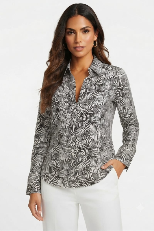 Hester & Orchard Black and Ivory Zebra Print Button-Down Shirt