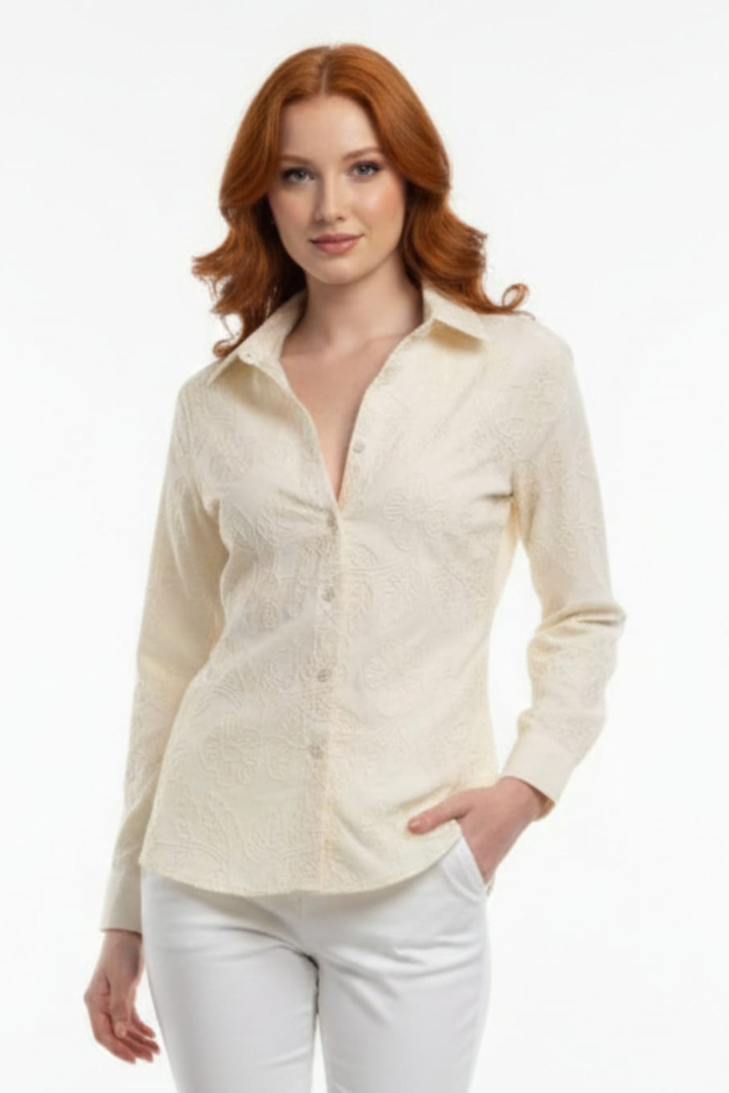 Hester & Orchard Floral Embroidered Button-Down Shirt