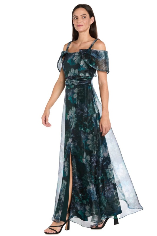 R&M Richards Hunter Green Floral Printed Off-The-Shoulder Evening Dress