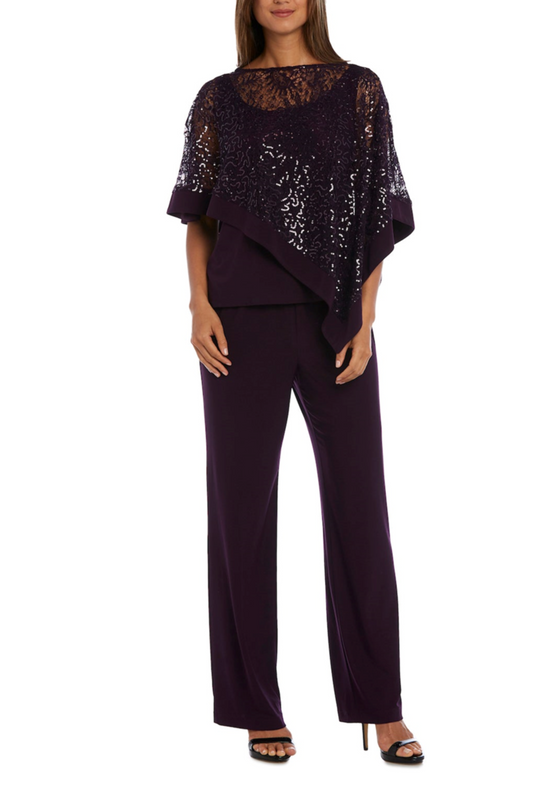 RM Richards Sequined Lace Poncho 2-Piece Pants Set