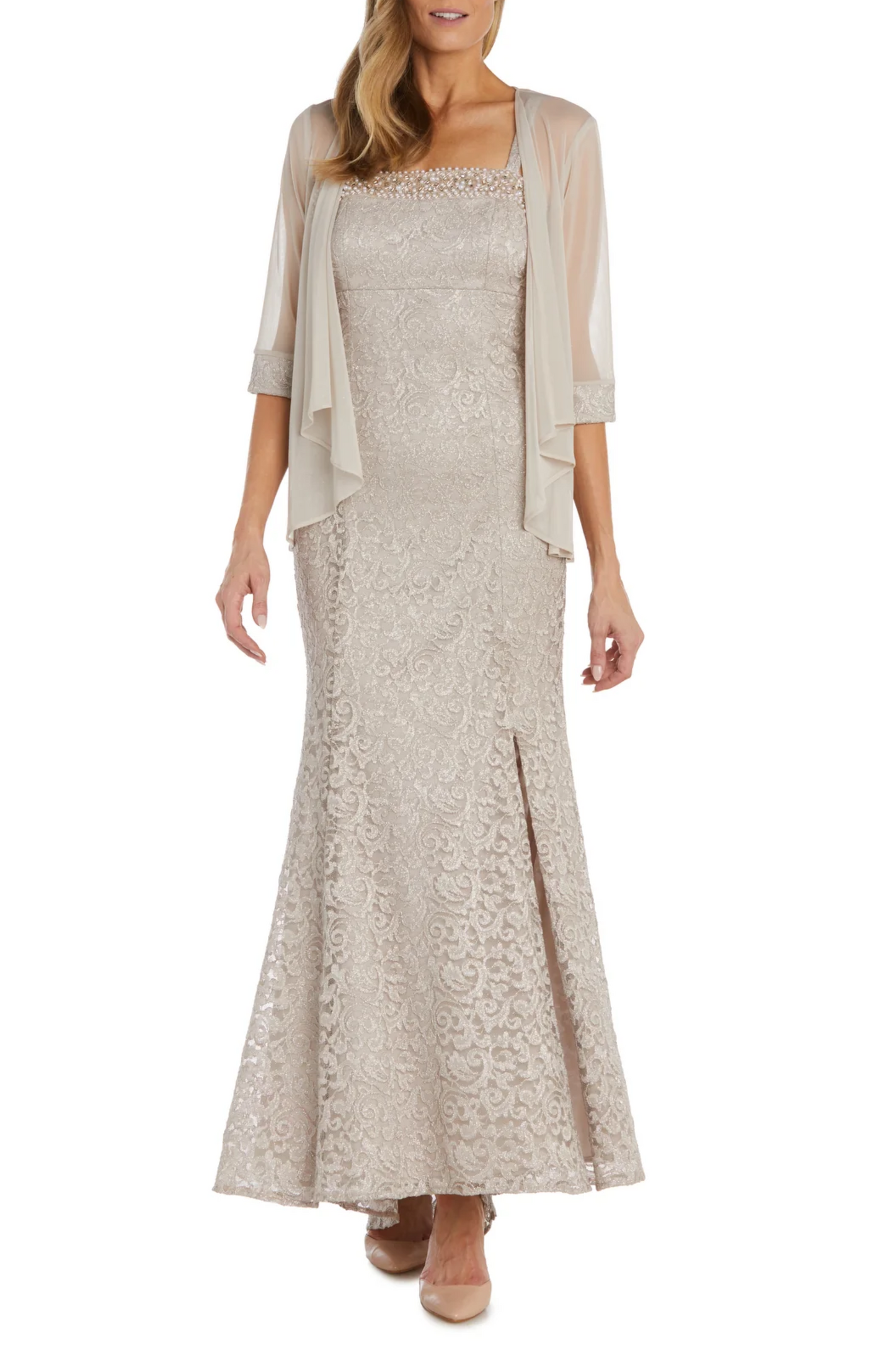 RM Richards Sheer Jacket Beaded Lace Evening Dress